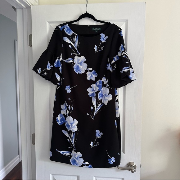 Size 12 Ralph Lauren Black & Blue Midi Floral Formal Dress with Balloon Sleeve - Picture 1 of 4